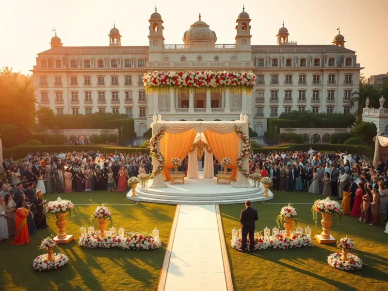 Lavish Indian wedding on a grand lawn at the iconic ITC Maurya New Delhi at golden hour