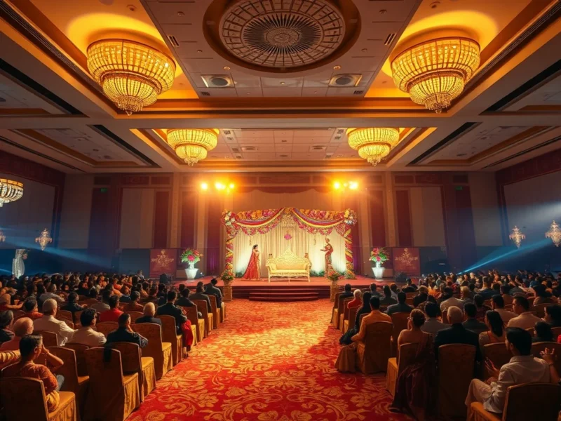 Grand Indian wedding in the ballroom at ITC Narmada Ahmedabad at golden hour