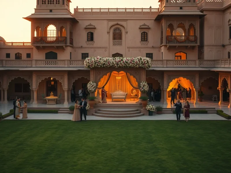 Traditional Rajasthani wedding in the haveli-style courtyard at ITC Rajputana Jaipur at golden hour