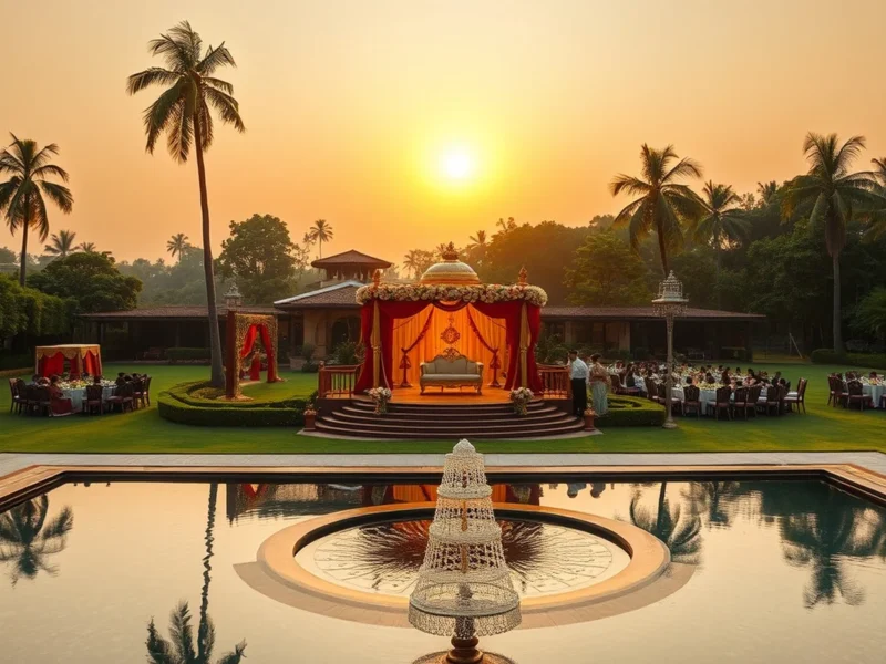 Grand Indian wedding on the garden lawn beside reflecting pools at ITC Sonar Kolkata at golden hour