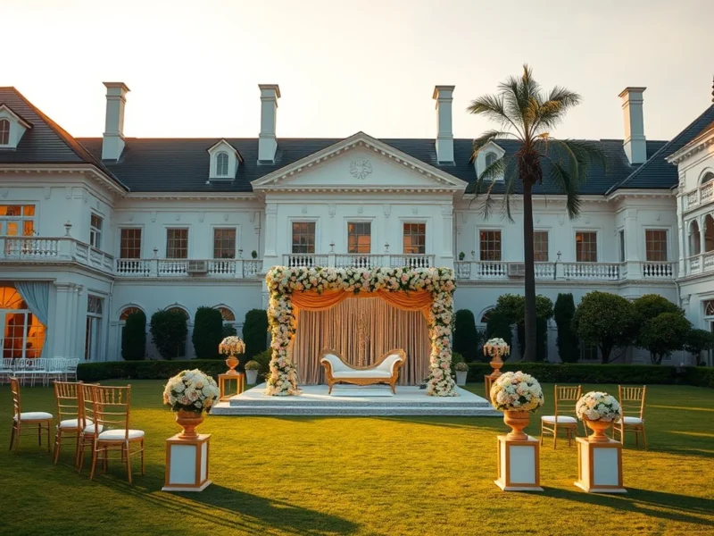 Refined Indian wedding on the garden lawn at the colonial manor-style ITC Windsor Bengaluru at golden hour