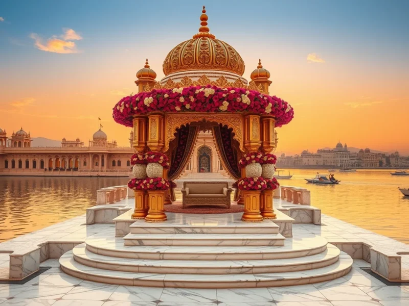 Jagmandir Island Palace Udaipur royal wedding mandap on Lake Pichola at golden hour