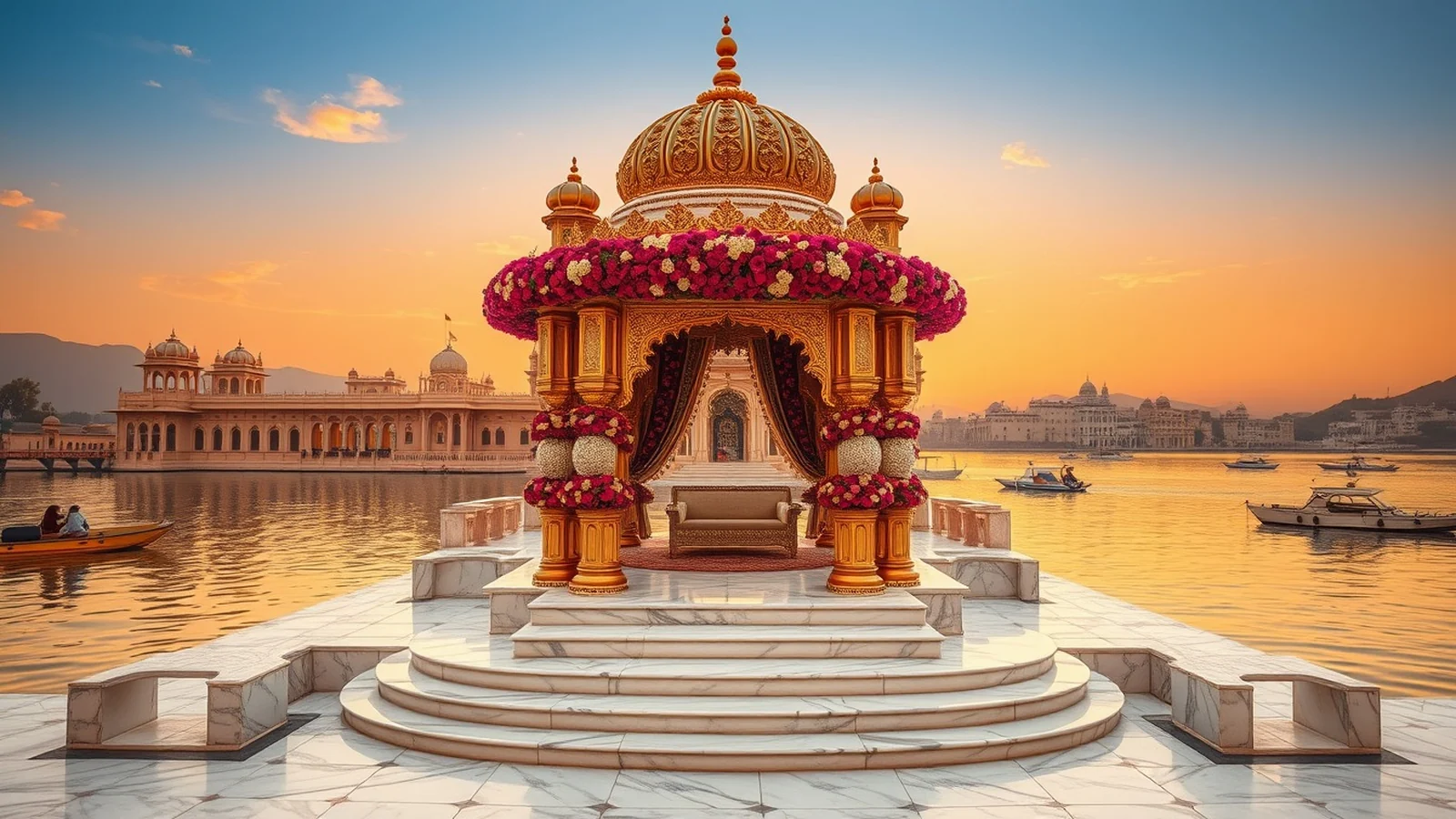 Jagmandir Island Palace Udaipur royal wedding mandap on Lake Pichola at golden hour