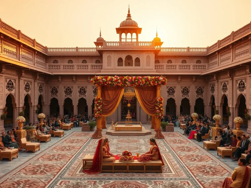Royal pink sandstone palace wedding in Jaipur with floral mandap at golden hour