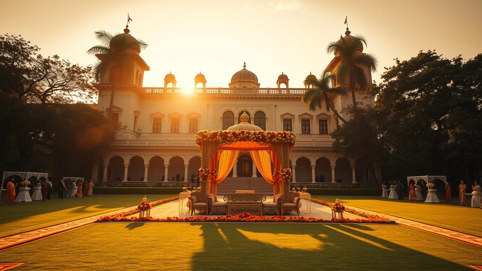Jehan Numa Palace Bhopal heritage lawn wedding with floral mandap