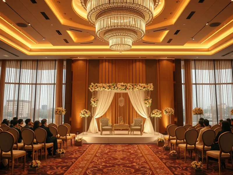 Luxury Indian wedding in the ballroom at JW Marriott Kolkata at golden hour