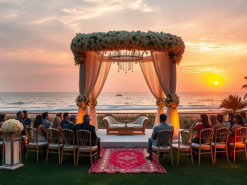 Beachfront Indian wedding on the sea-facing lawn at JW Marriott Mumbai Juhu at sunset