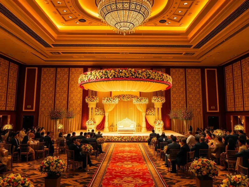 Large Indian wedding in the ballroom at The Leela Ambience Gurugram at golden hour