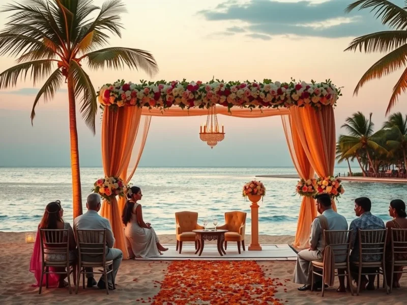 The Leela Goa beachfront and lagoon wedding mandap at sunset