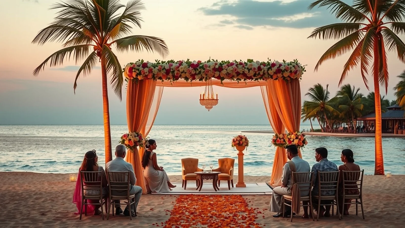 The Leela Goa beachfront and lagoon wedding mandap at sunset