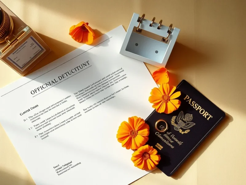 Flat-lay of an official document, calendar, passport and gold wedding rings on cream