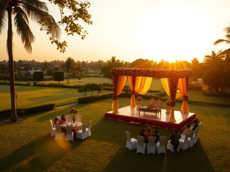 Grand Indian resort wedding on the lawns at Leonia near Hyderabad at golden hour