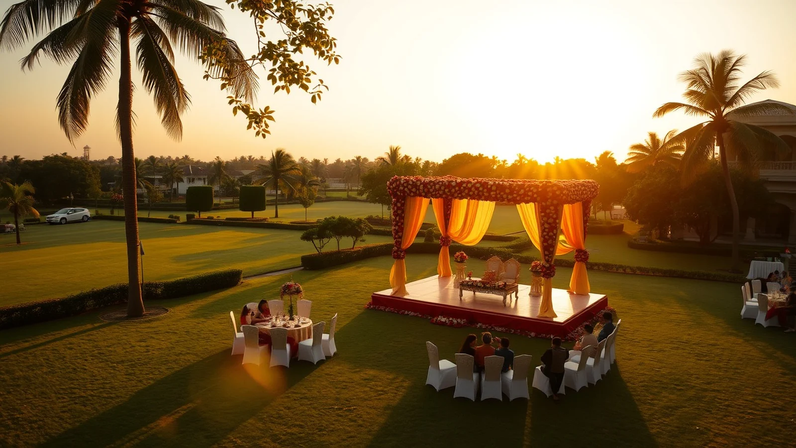 Grand Indian resort wedding on the lawns at Leonia near Hyderabad at golden hour
