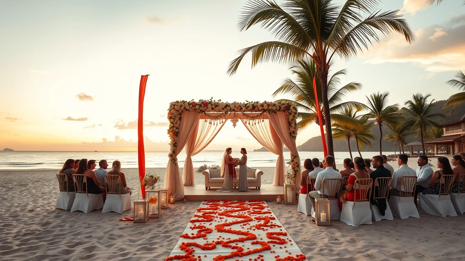 Luxury Indian beach wedding at a Langkawi resort in Malaysia at sunset