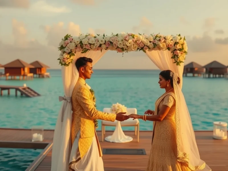 Intimate Indian wedding at an overwater Maldives resort at sunset