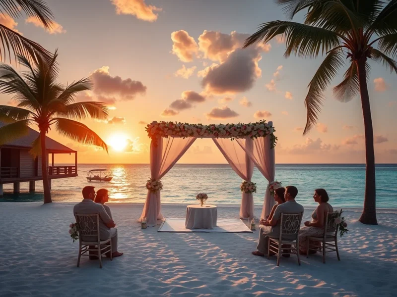 Maldives private-island beach wedding mandap beside an overwater villa at sunset