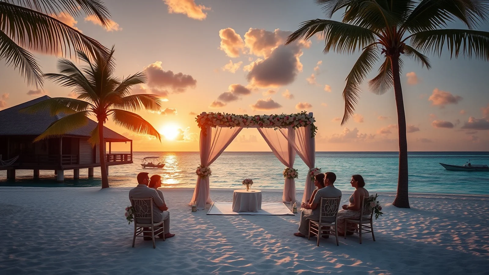 Maldives private-island beach wedding mandap beside an overwater villa at sunset