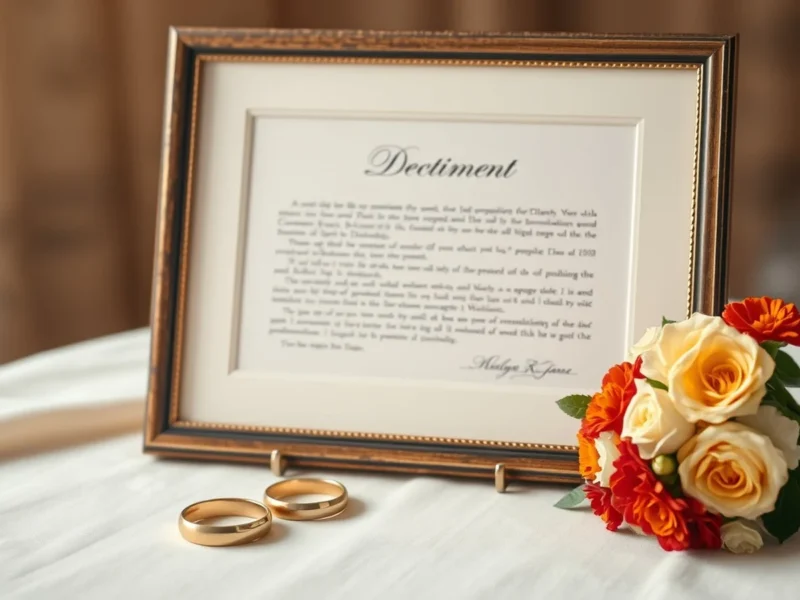 A framed marriage certificate beside wedding rings and flowers