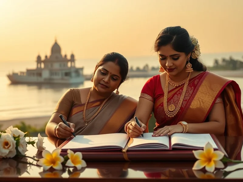 Telugu couple signing a marriage register with the Visakhapatnam coastline behind them