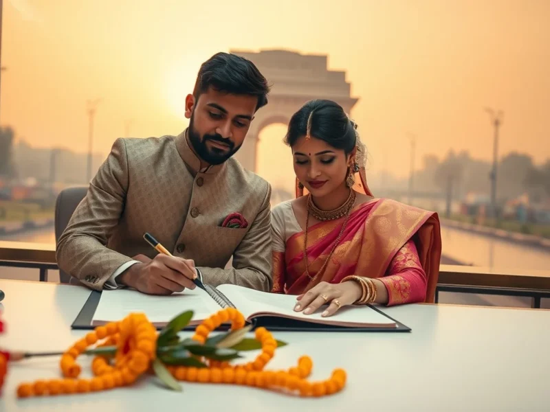 An Indian couple signing the register with India Gate in Delhi behind them