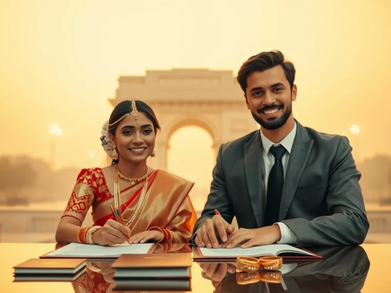 Intercultural couple signing a marriage register with India Gate and a passport on the desk