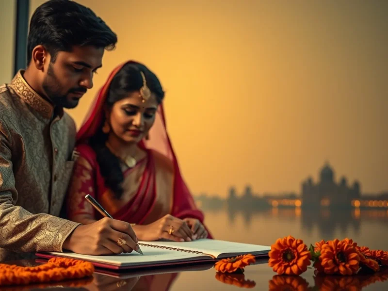 A Gujarati couple signing the marriage register with the Sabarmati riverfront of Ahmedabad behind them