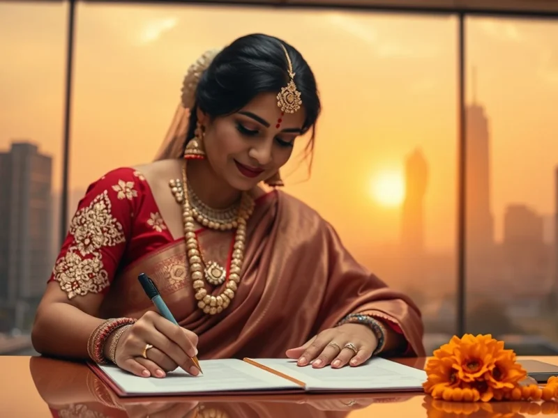 North Indian couple signing a marriage register with the Gurugram skyline behind them
