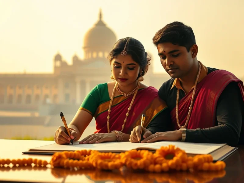 An Indian couple signing the marriage register with the Vidhana Soudha of Bengaluru behind them