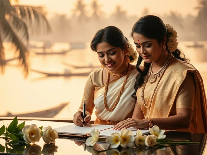 Malayali couple signing a marriage register with Kochi backwaters and fishing nets behind them