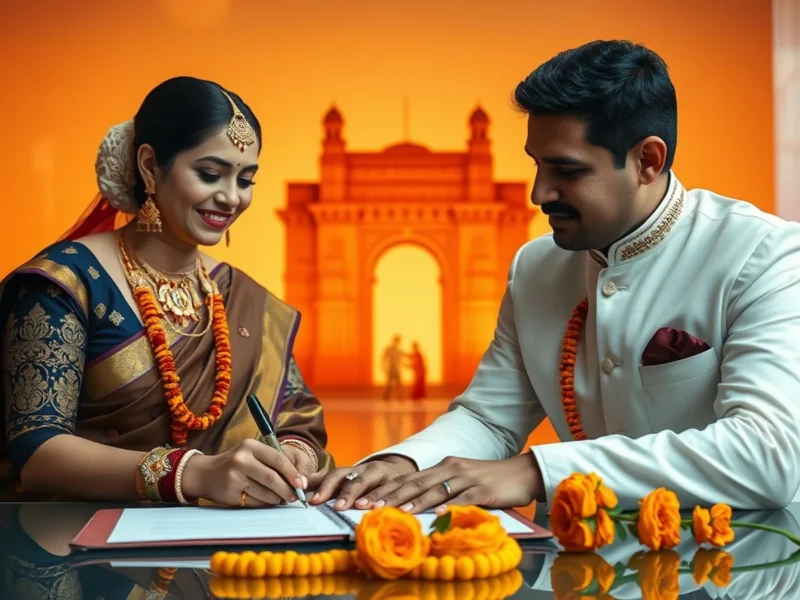 An Indian couple signing the register with the Gateway of India in Mumbai behind them