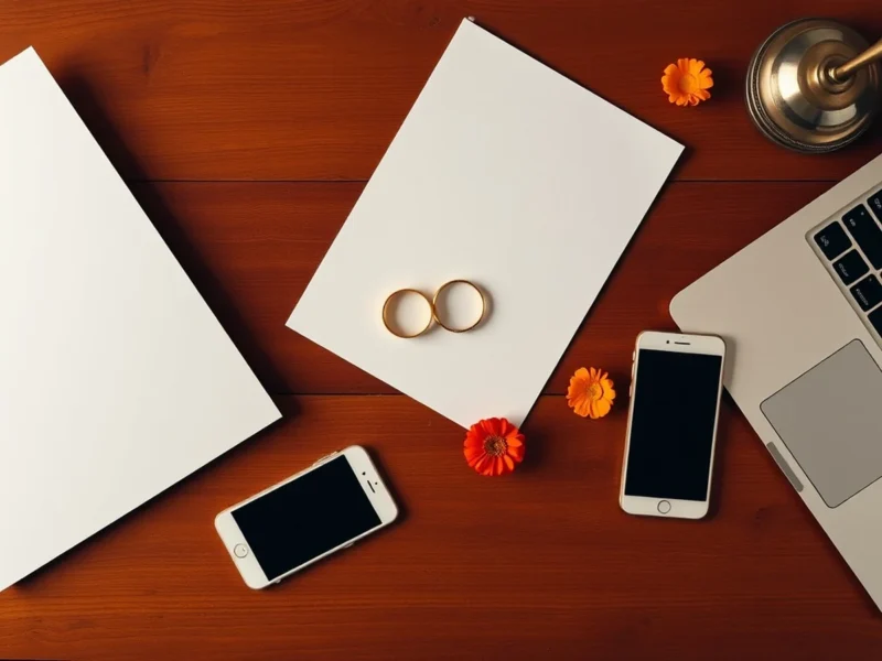 A laptop, phone, document and wedding rings on a desk for online marriage registration
