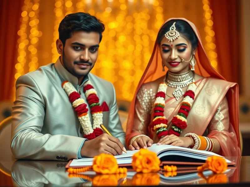 An Indian couple signing the marriage register at a registration office