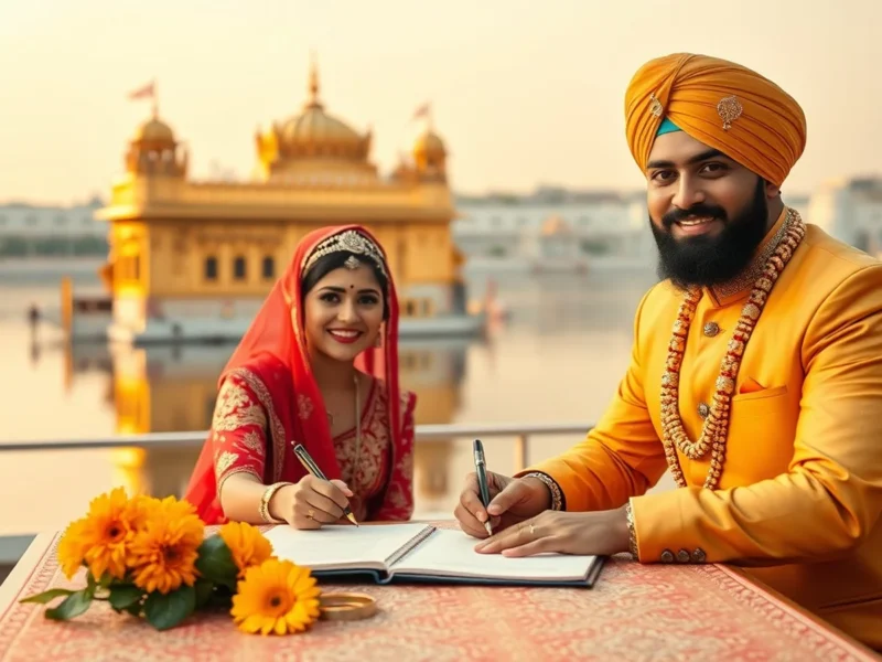 Sikh couple signing a marriage register with the Golden Temple of Amritsar behind them