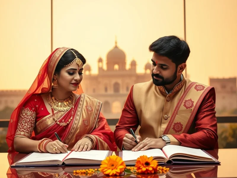 A Rajasthani couple signing the marriage register with the Hawa Mahal of Jaipur behind them