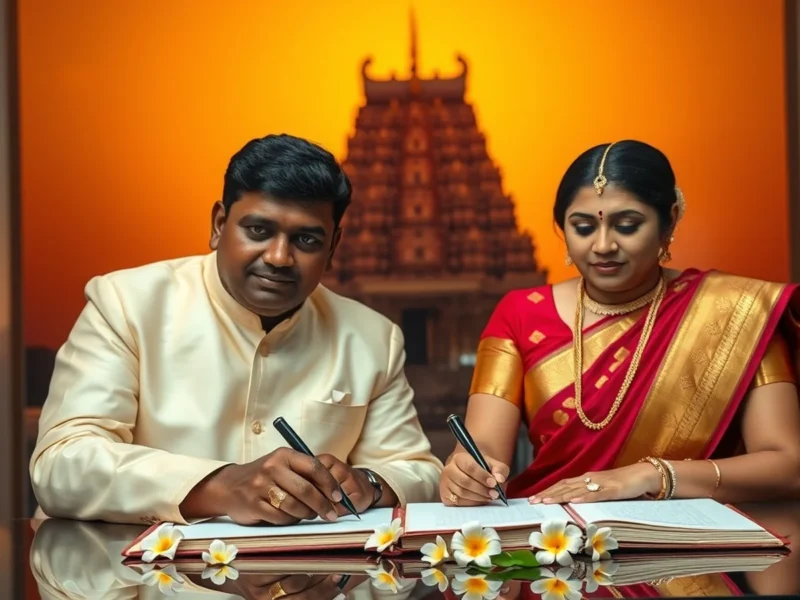 A South Indian couple signing the marriage register with a Tamil Nadu temple gopuram behind them