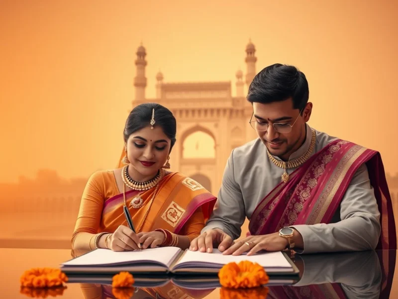 An Indian couple signing the register with the Charminar of Hyderabad behind them