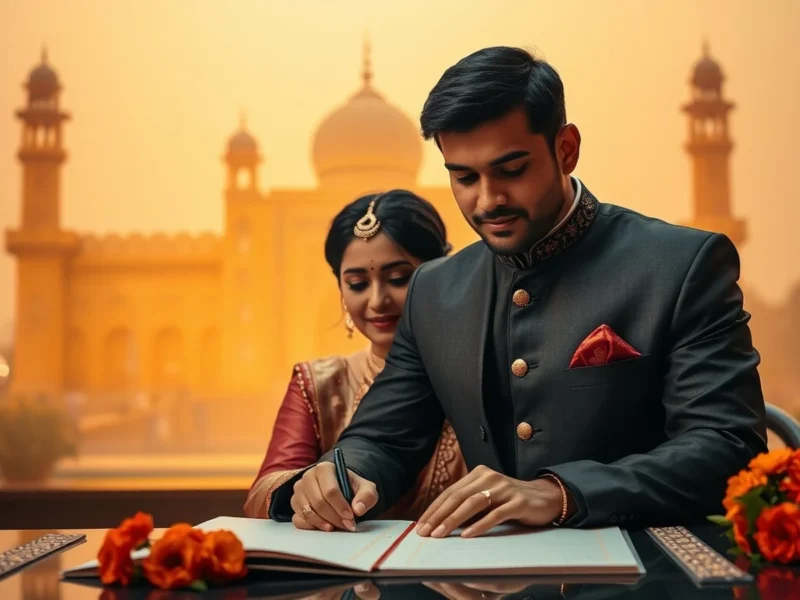 Indian couple signing a marriage register with the Rumi Darwaza of Lucknow behind them