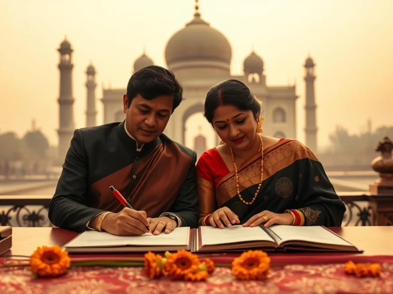 A Bengali couple signing the marriage register with the Victoria Memorial of Kolkata behind them