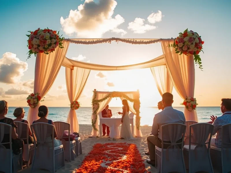 Luxury Indian beach wedding at a Mauritius resort with floral mandap at golden hour