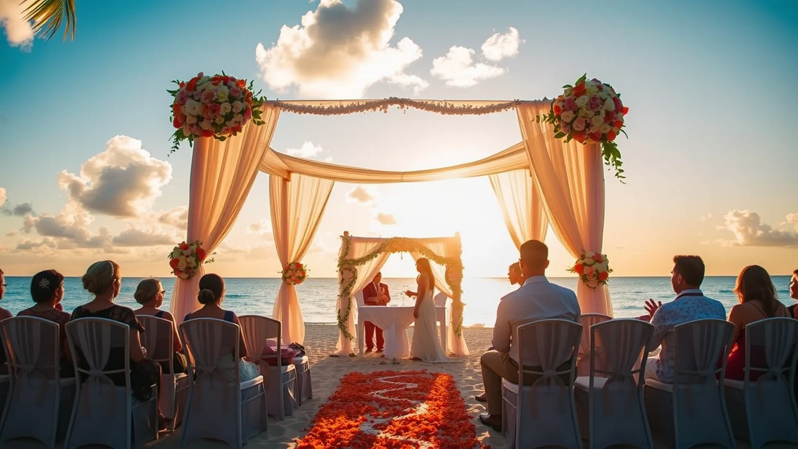 Luxury Indian beach wedding at a Mauritius resort with floral mandap at golden hour