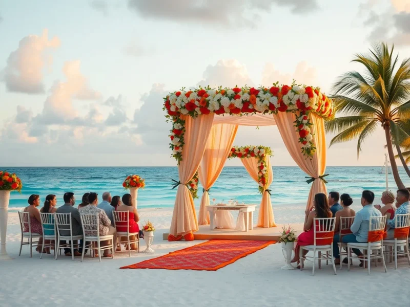 Mauritius beach resort wedding mandap on white sand at sunset