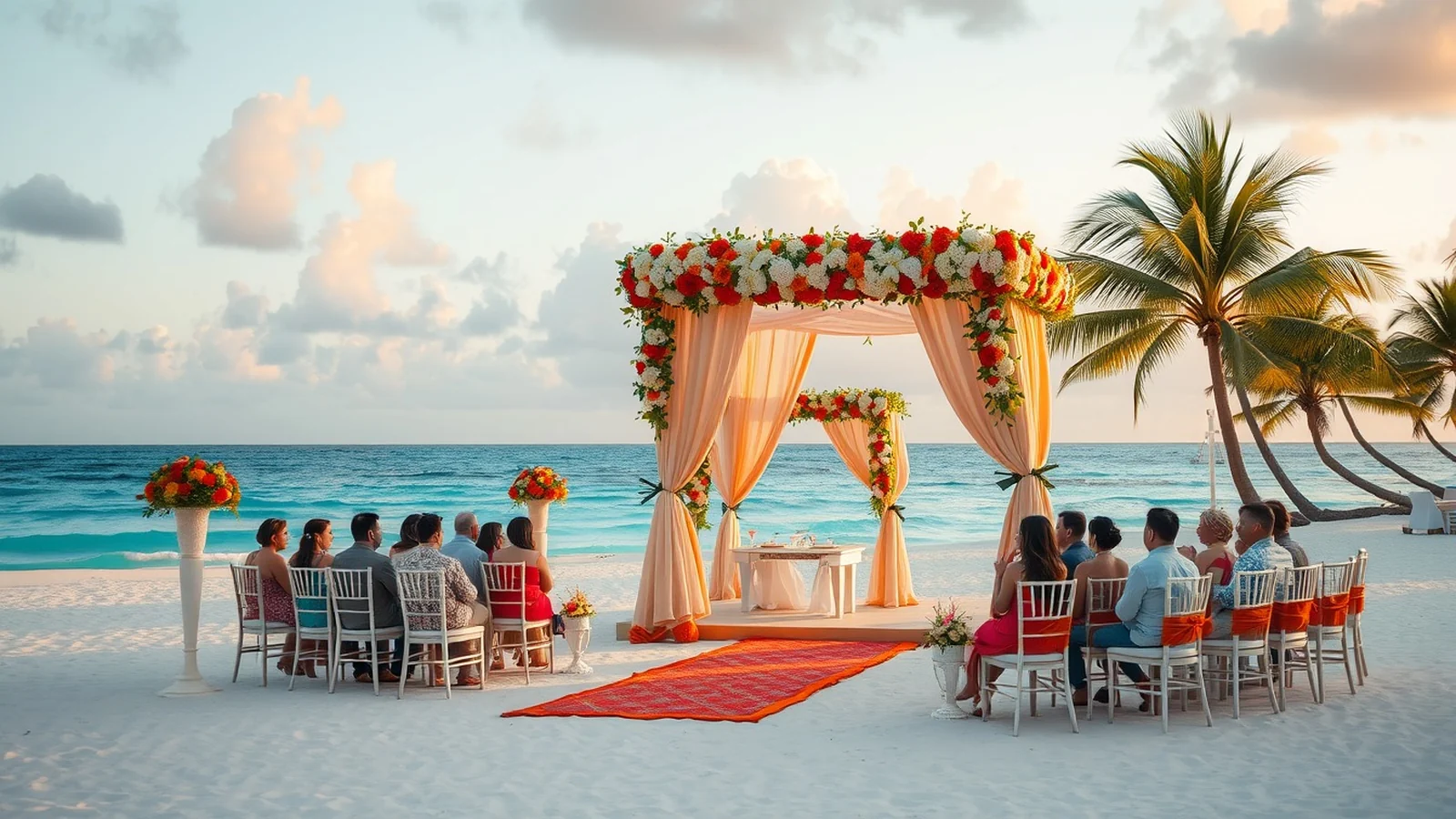 Mauritius beach resort wedding mandap on white sand at sunset