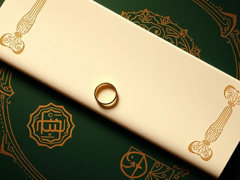 A marriage contract document with wedding rings and gold Islamic geometric patterns