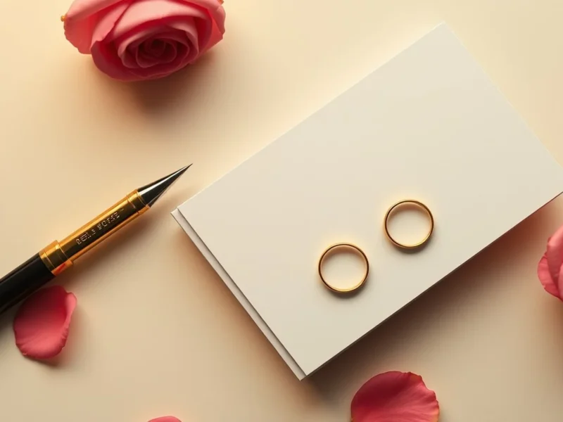 Documents, a pen, an identity card and wedding rings on a desk for a name change