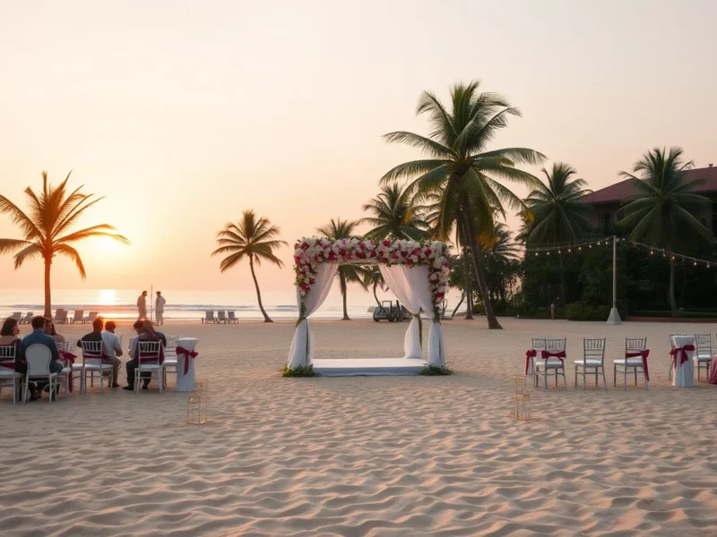 Luxury Goa beach wedding with floral mandap on the sand at golden hour