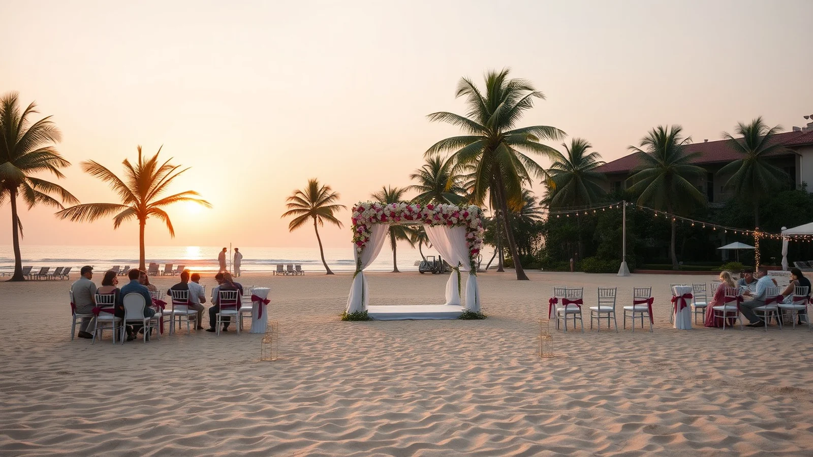 Luxury Goa beach wedding with floral mandap on the sand at golden hour