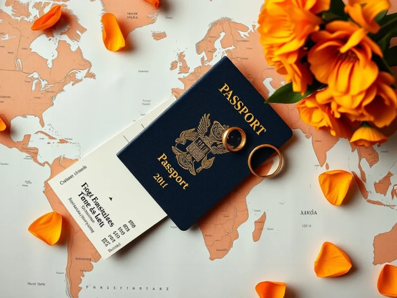 Passport, boarding pass, document and wedding rings on a world map for NRI marriage registration
