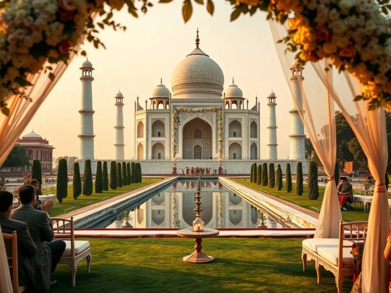 Indian wedding on a terrace facing the Taj Mahal at The Oberoi Amarvilas Agra at golden hour