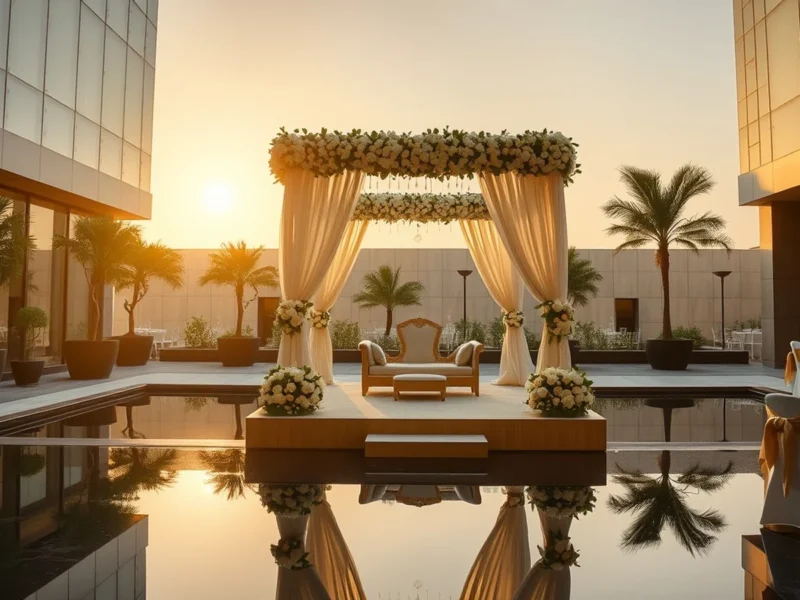 The Oberoi Gurgaon courtyard wedding with reflection pools and floral mandap