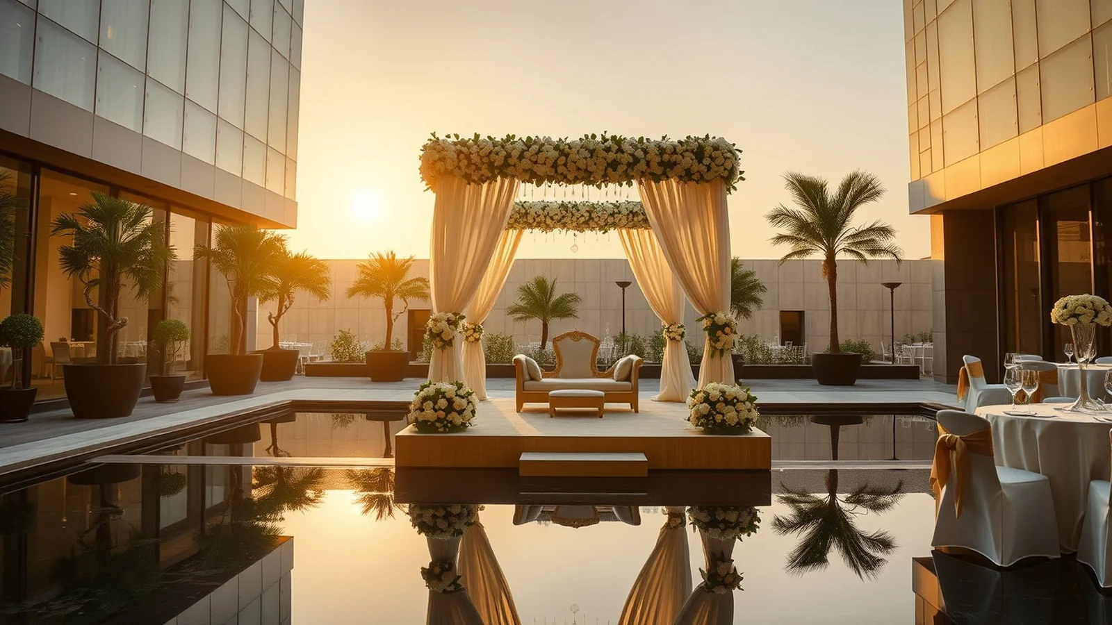 The Oberoi Gurgaon courtyard wedding with reflection pools and floral mandap
